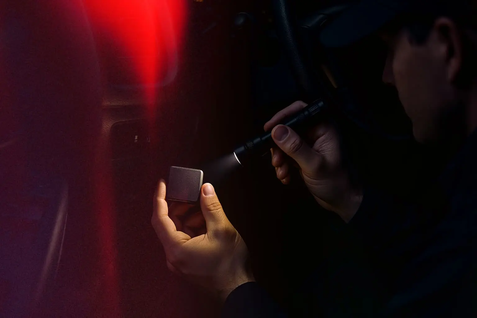 Van security tracker device being inspected with flashlight